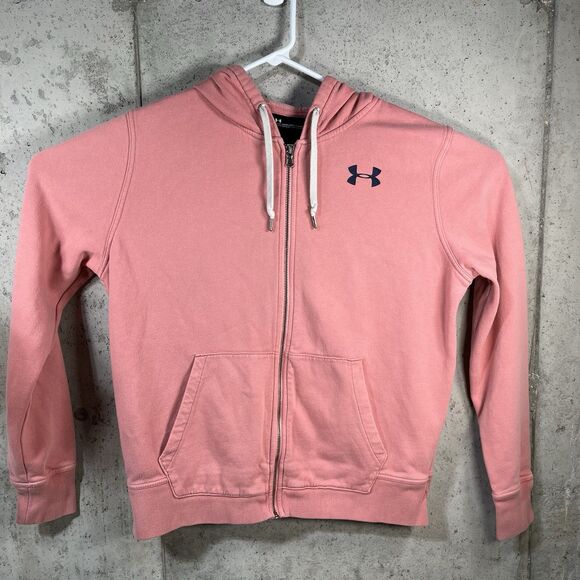 Under Armour Sweatshirt Women’s Size L Full Zip Hoodie Pink Back Logo Loose - Picture 1 of 7